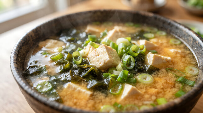 Steaming hot Japanese miso soup served in a rustic ceramic bowl with tofu cubes, seaweed, and fresh green onions