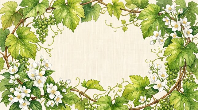 Handcrafted watercolor frame featuring lush grapevines with vibrant green leaves and delicate white blossoms arranged in an elegant oval composition on a light textured beige paper background canvas