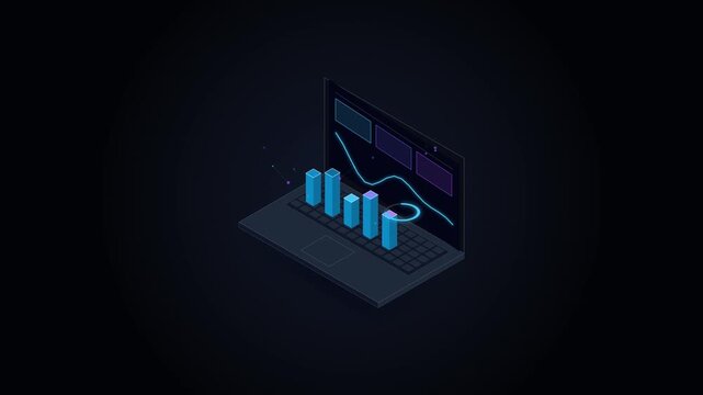 Isometric 3D data visualization on a laptop with bar charts and business financial growth graphs