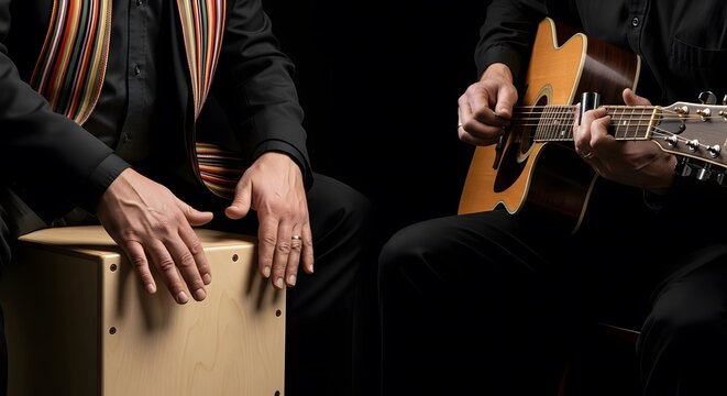 Musicians playing acoustic guitar and cajon drum together in a dark studio.
