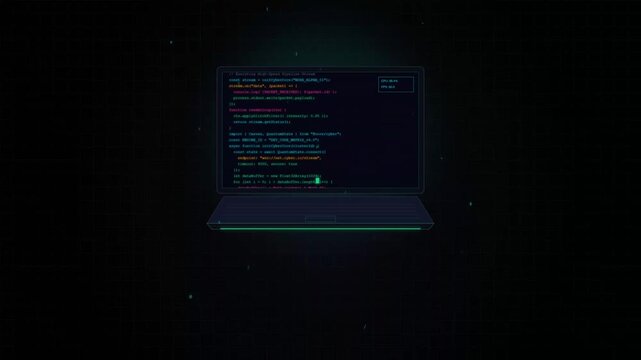 Cyberpunk laptop screen displaying glowing green code and programming scripts on dark background