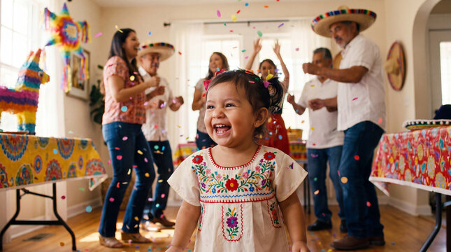 A smiling baby girl in a traditional Mexican dress plays with confetti during a joyful Hispanic Heritage Month celebration