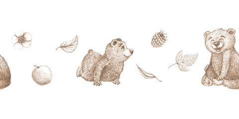 Seamless border featuring baby bears with raspberries and apples. Hand drawn graphite pencil illustration for packaging, textiles, and greeting cards. © andrey