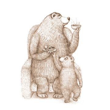 Pencil illustration of a mother bear and her cub in an armchair with a cup of tea and a jam tart. Hand drawn artwork for tea packaging and invitations.