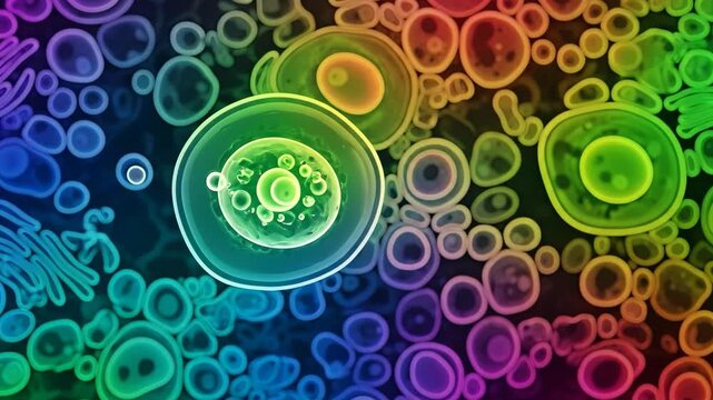 Vibrant, colorful microscopic cells and organisms illustrating biology and life science.