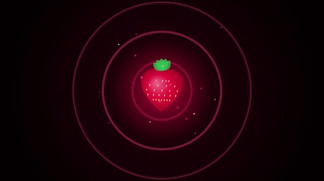 Red glowing stylized strawberry berry vector icon with concentric ring waves on dark background