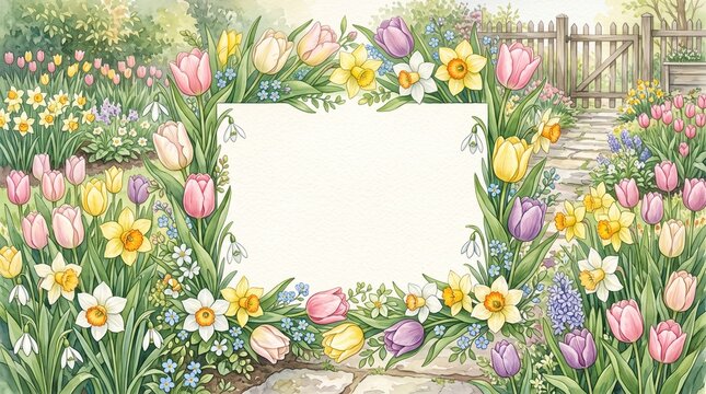 Beautiful decorative frame design surrounded by vibrant spring flowers including tulips and daffodils set against a charming garden path scenery perfect for elegant seasonal greeting card layouts