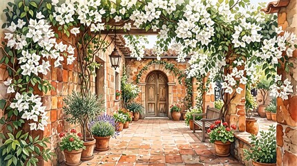 Fototapeta premium A picturesque stone courtyard in a sunlit Mediterranean villa adorned with lush white blooming jasmine vines and vibrant terracotta pots filled with greenery creates a peaceful outdoor sanctuary