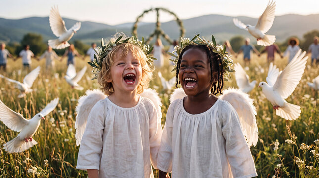 Cheerful angel children with olive wreaths laugh with doves on a sunny meadow for International Day of Peace celebration posters