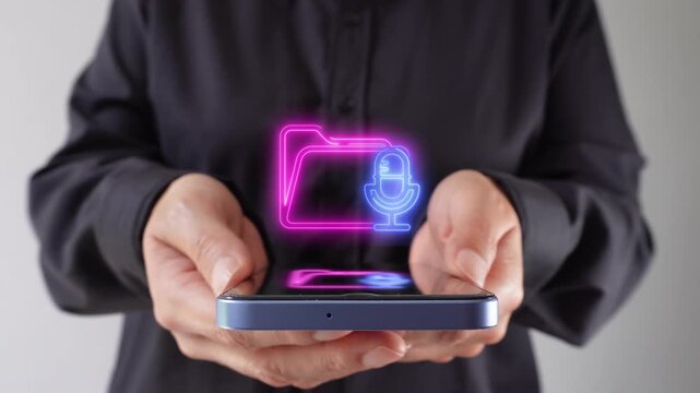 Voice note recording. Businesswoman with smartphone in hand with a virtual folder icon and microphone.