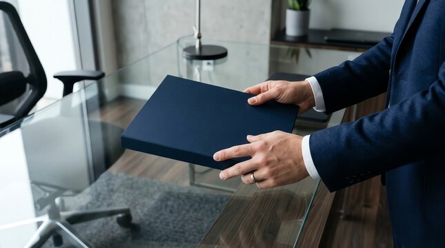 Close up of businessman hands holding blue folder above glass desk in modern office