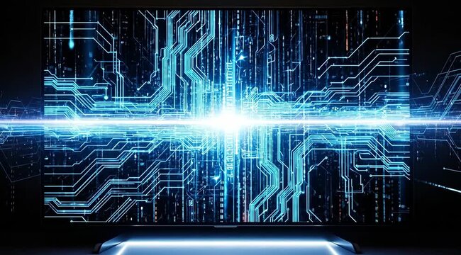 Vibrant blue circuit board pattern on a screen, representing advanced technology.