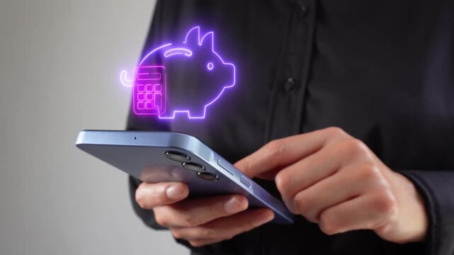 Voice note recording. Businesswoman with smartphone in hand with a virtual folder icon and microphone.