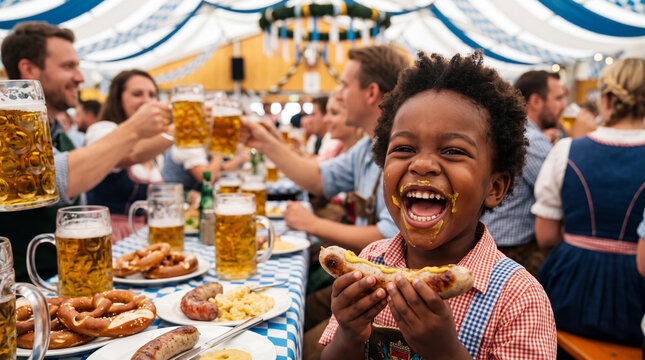 A cheerful toddler eats a sausage among celebrating Oktoberfest visitors, great for lively festival promotions and web visuals