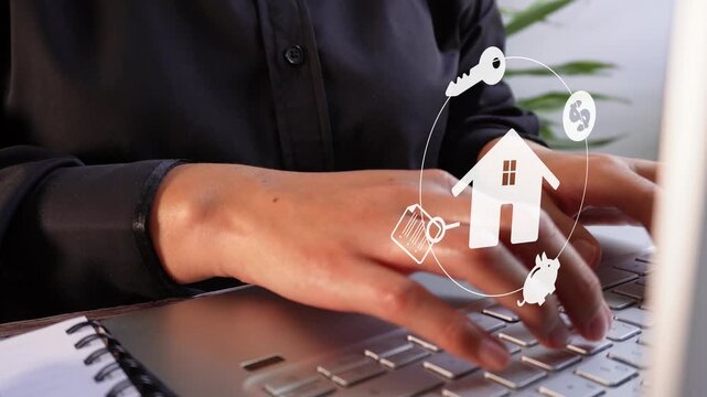 Close-up shot of a businesswoman working on her computer, featuring an animation of a house icon surrounded by a circle of icons representing finance, keys, a piggy bank, and a legal document. 