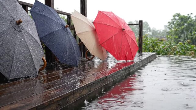 Colorful umbrellas rainy day on a wooden deck. Wet outdoor scene with raindrops falling in nature.