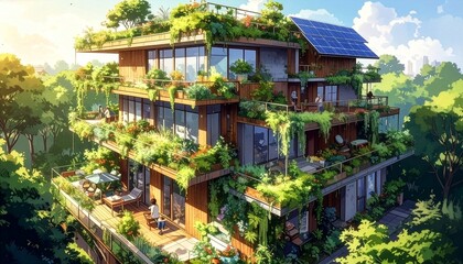 Obraz premium EcoFriendly Building with Vertical Gardens and Solar Panels Illustration