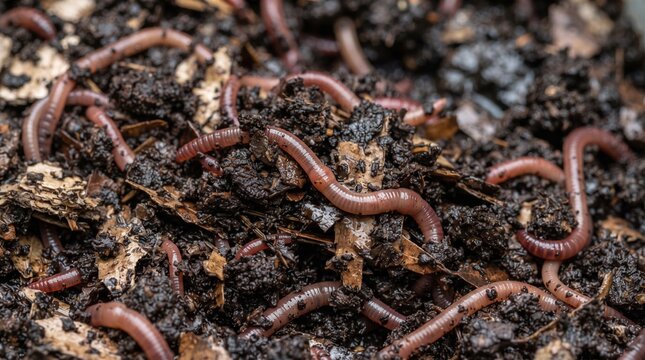 Close-up of numerous earthworms wiggling in rich dark soil, vital for composting and garden health.