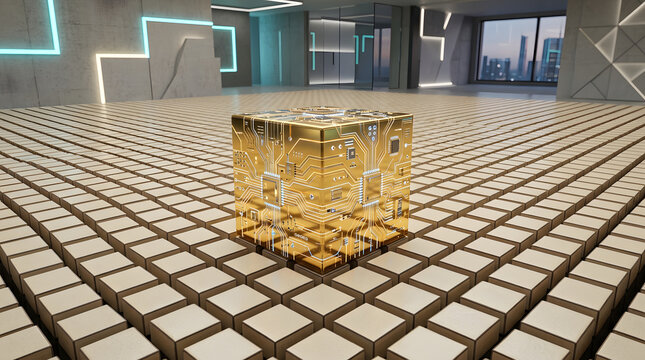 Golden microchip cube sits on repetitive grid floor within modern high tech laboratory environment for advanced computing and ai research.