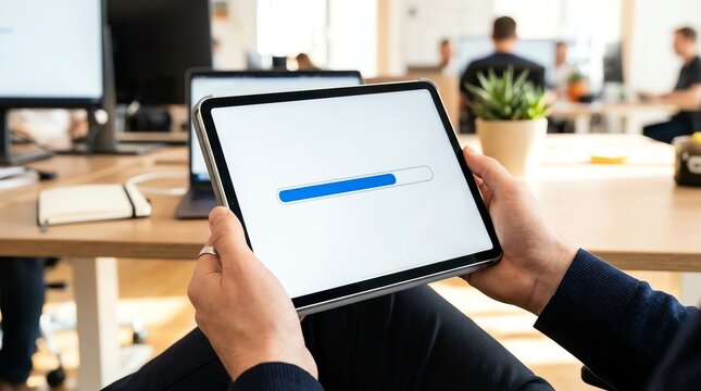 Person holding a digital tablet showing a loading progress bar in a modern open office environment