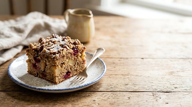Homemade apple and berry crumble cake on a rustic table
