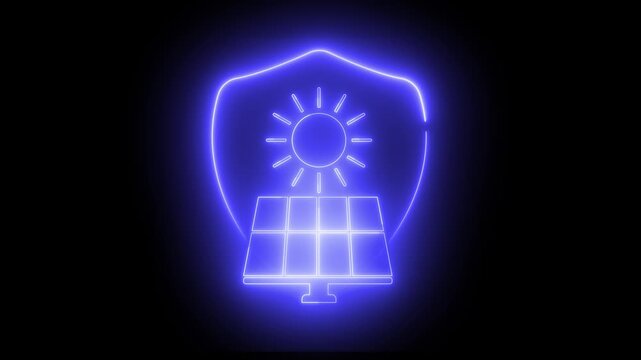 Blue neon shield guards solar panels and sun. Sun radiates light behind protective emblem. Design glows vividly against black background. Modern energy security concept visual