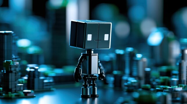 A small humanoid robot stands among a futuristic cityscape of miniature buildings and greenery