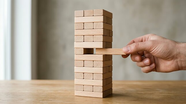 Hand pulling wooden block from tower, symbolizing business risk and strategy