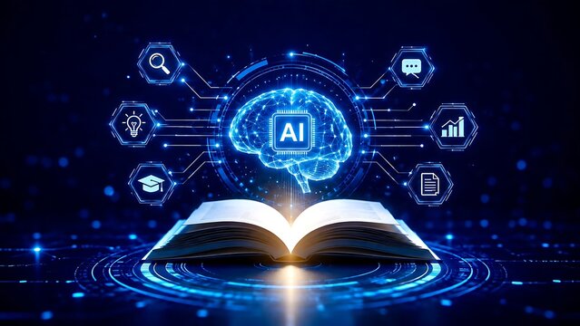 Futuristic artificial intelligence brain with AI text emerging from an open book surrounded by digital technology icons representing machine learning and digital education
