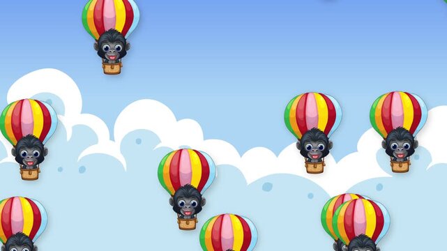 Animated Cartoon Gorillas Floating in Colorful Hot Air Balloons