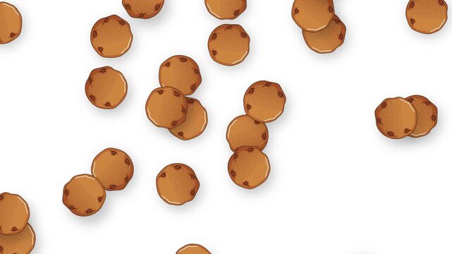 Animated Chocolate Chip Cookies Falling Slowly Against a Plain White Background