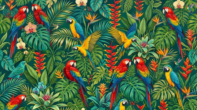 Vibrant tropical jungle scene featuring colorful macaws and exotic rainforest foliage.