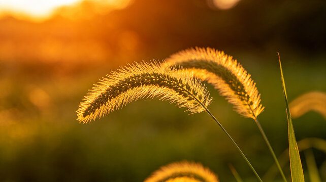 Close-up of golden foxtail grass illuminated by the warm light of a sunset in a peaceful field, featuring soft bokeh background.
