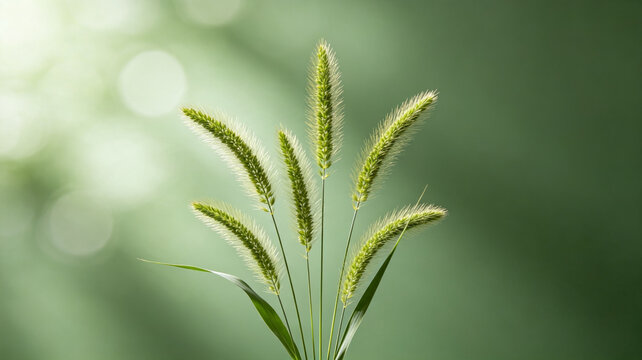 Close-up of green foxtail grass spikes against a soft, blurred green background with bright bokeh highlights.