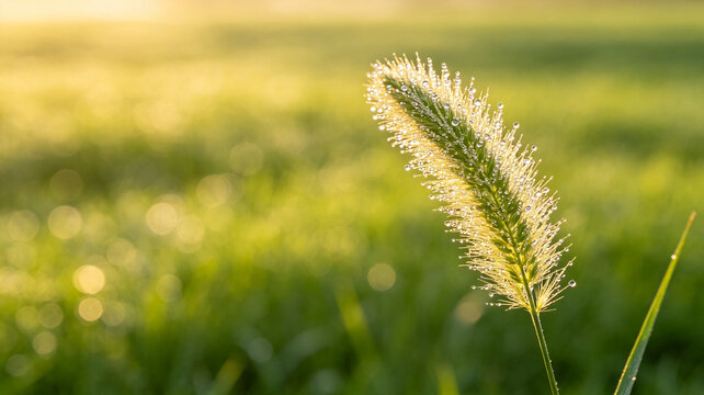 Close-up of a foxtail grass head covered in morning dew drops, sparkling under warm golden sunlight against a blurred green field.