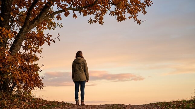 秋の夕焼けを眺める女性の後ろ姿と紅葉した大樹の静かな自然風景