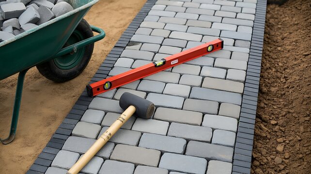 Paving walkway under construction with wheelbarrow, level and rubber mallet