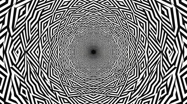 Black and white hypnotic tunnel optical illusion geometric pattern.