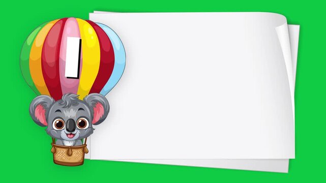 Cartoon Koala in Hot Air Balloon with Blank White Paper Sign