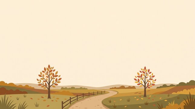 紅葉した木々と曲がり道を描いた静かな秋の田園風景
