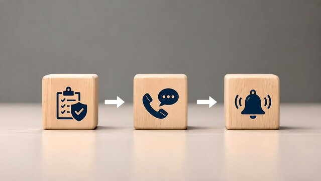 Sequence of wooden blocks showing a secure customer support workflow process from verification checklist to phone communication and final notification.
