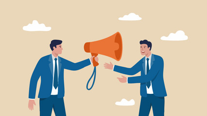 Fototapeta premium Businessman holding an orange megaphone and speaking to another person, representing communication, marketing, and public business strategy concept
