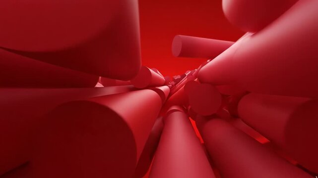 Abstract red background with floating cylindrical shapes creating a dynamic 3d perspective