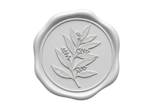 Grey wax seal stamp with a beautiful leaf imprint design isolated on transparent background