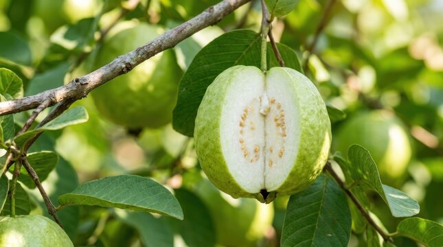 Fresh Guava Fruit Halved on a Branch in a Lush Green Orchard.