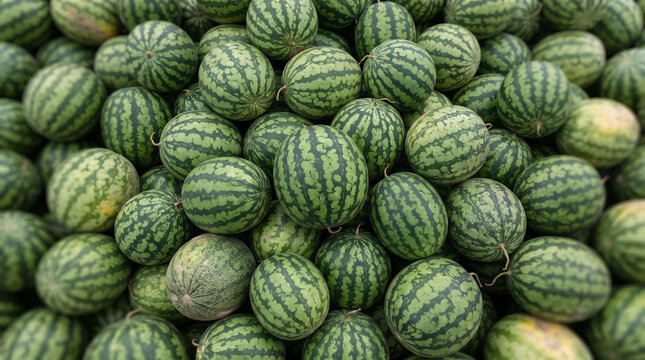Full frame abundance of small striped green watermelons at a fresh food market stall