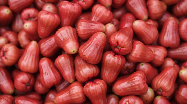 High quality background of fresh ripe red wax apples known as java rose apples in a bulk pile at a tropical market