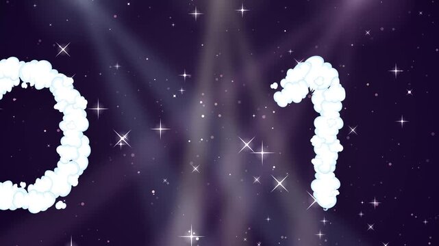 Animated Cloud Numbers Floating Over Sparkling Night Sky Background