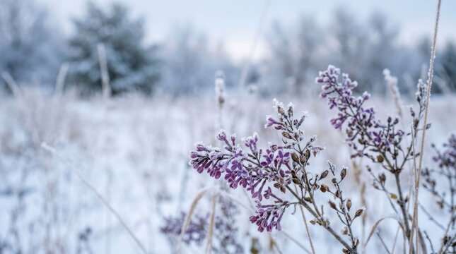 Frozen Winter Landscape with Delicate Purple Flowers and Snow-Covered Field.