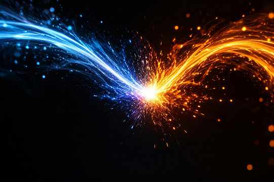 Abstract glowing particle trails on dark background, digital energy and technology concept.
